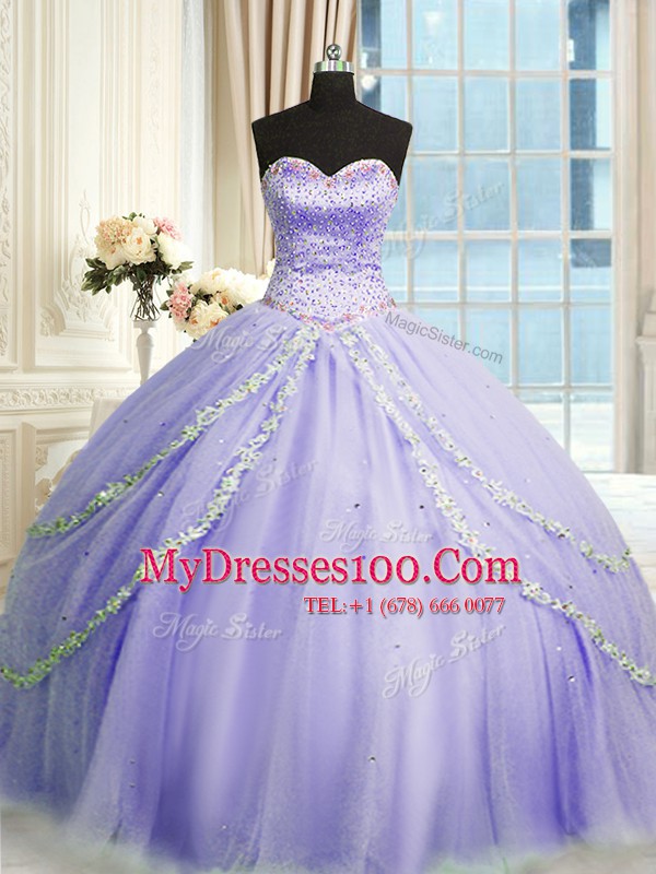 Fabulous Sleeveless With Train Beading and Appliques Lace Up Quinceanera Gowns with Lavender Court Train