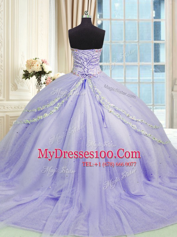 Fabulous Sleeveless With Train Beading and Appliques Lace Up Quinceanera Gowns with Lavender Court Train