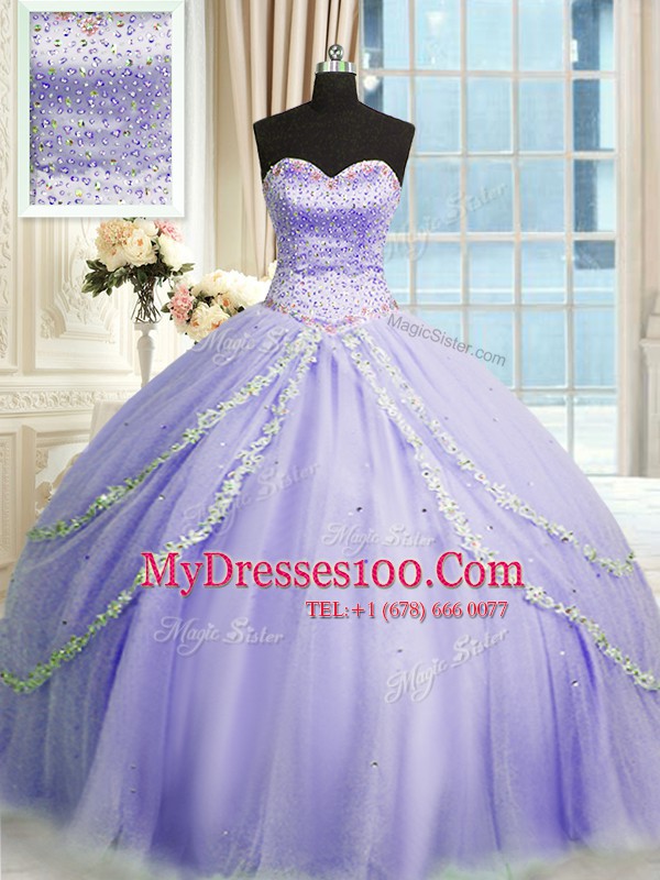 Fabulous Sleeveless With Train Beading and Appliques Lace Up Quinceanera Gowns with Lavender Court Train
