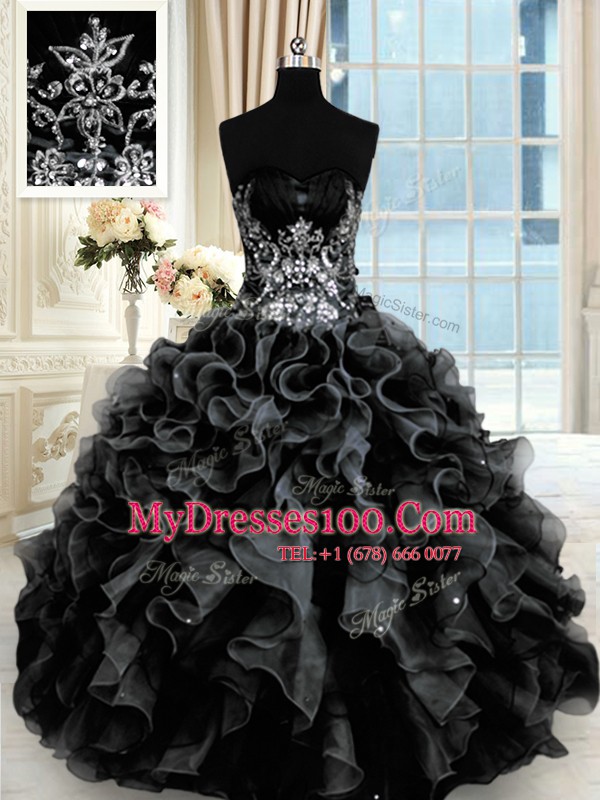 Eye-catching Black Ball Gowns Sweetheart Sleeveless Organza Floor Length Lace Up Beading and Ruffles Quinceanera Dresses