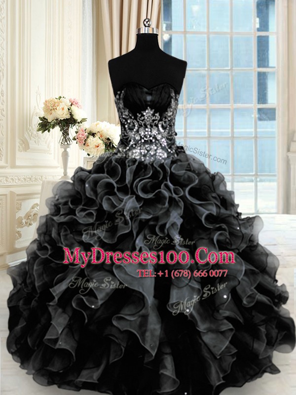Eye-catching Black Ball Gowns Sweetheart Sleeveless Organza Floor Length Lace Up Beading and Ruffles Quinceanera Dresses