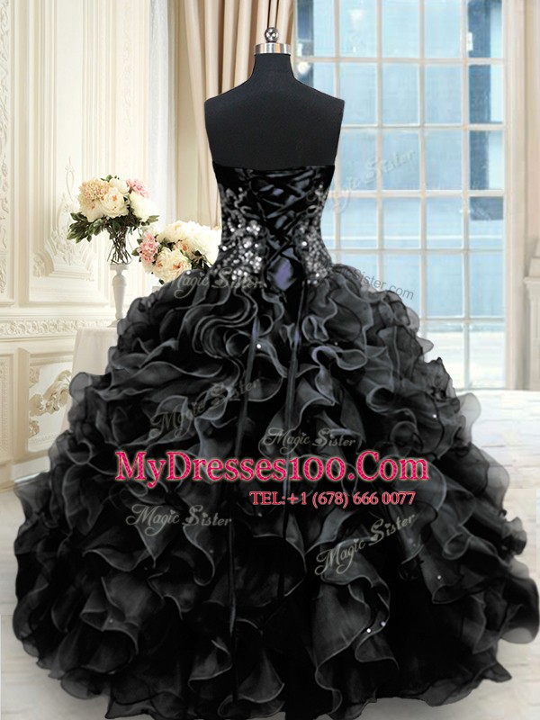 Eye-catching Black Ball Gowns Sweetheart Sleeveless Organza Floor Length Lace Up Beading and Ruffles Quinceanera Dresses