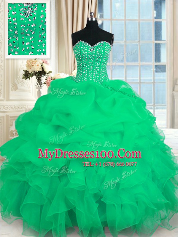Organza Sweetheart Sleeveless Lace Up Beading and Ruffles Ball Gown Prom Dress in Turquoise