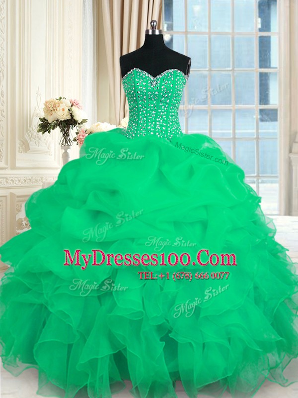 Organza Sweetheart Sleeveless Lace Up Beading and Ruffles Ball Gown Prom Dress in Turquoise