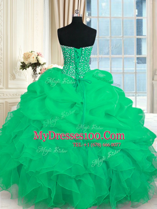 Organza Sweetheart Sleeveless Lace Up Beading and Ruffles Ball Gown Prom Dress in Turquoise