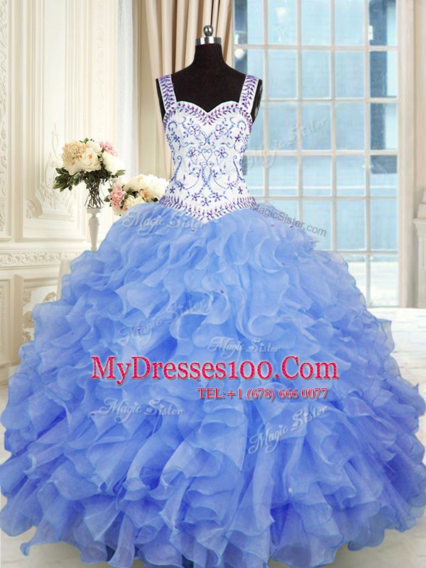 Enchanting Blue Lace Up Sweetheart Beading and Appliques and Ruffles 15 Quinceanera Dress Organza Sleeveless