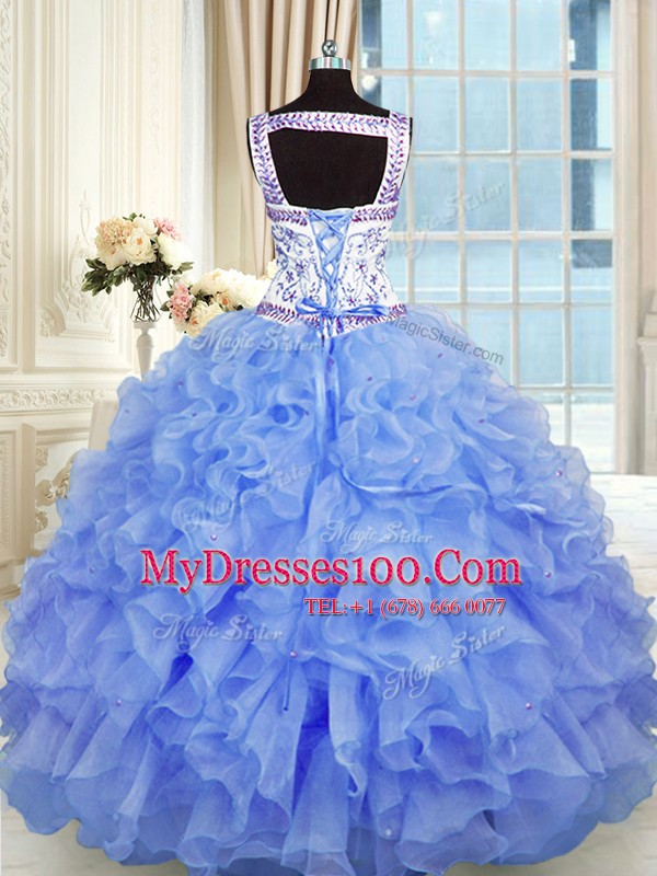 Enchanting Blue Lace Up Sweetheart Beading and Appliques and Ruffles 15 Quinceanera Dress Organza Sleeveless