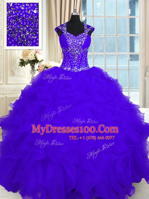 Fancy Purple Organza Lace Up Straps Cap Sleeves Floor Length Sweet 16 Dresses Beading and Ruffles