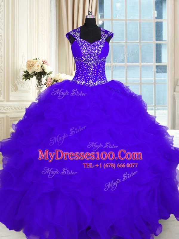 Fancy Purple Organza Lace Up Straps Cap Sleeves Floor Length Sweet 16 Dresses Beading and Ruffles