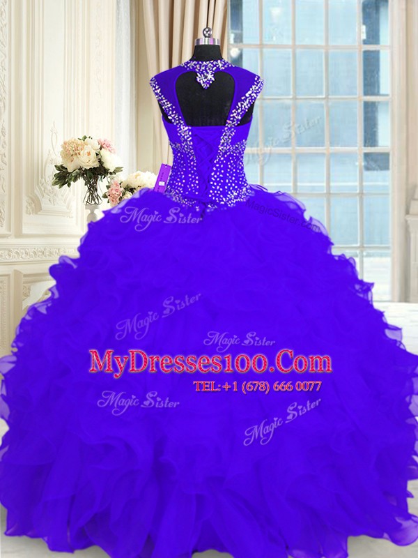Fancy Purple Organza Lace Up Straps Cap Sleeves Floor Length Sweet 16 Dresses Beading and Ruffles
