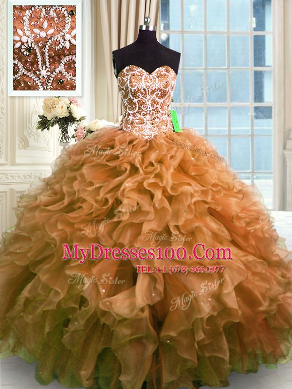 New Arrival Brown Lace Up Sweetheart Beading and Ruffles Vestidos de Quinceanera Organza Sleeveless