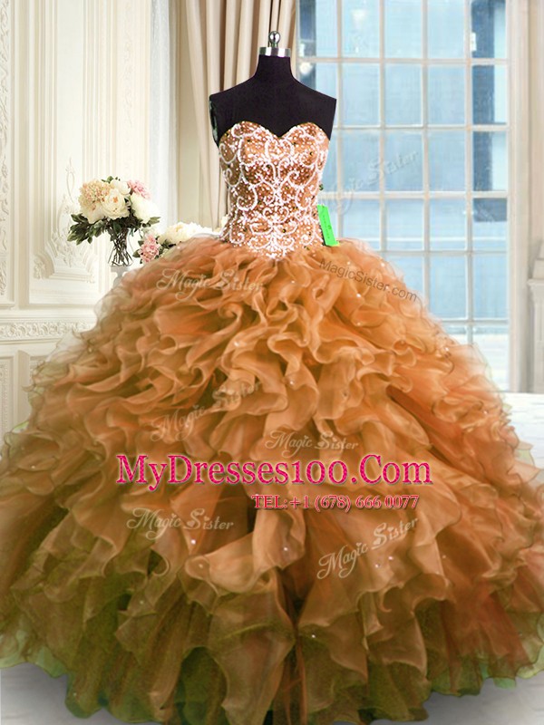 New Arrival Brown Lace Up Sweetheart Beading and Ruffles Vestidos de Quinceanera Organza Sleeveless