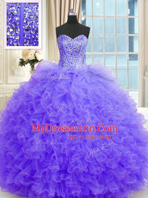Lavender Sleeveless Floor Length Beading and Ruffles Lace Up Quince Ball Gowns