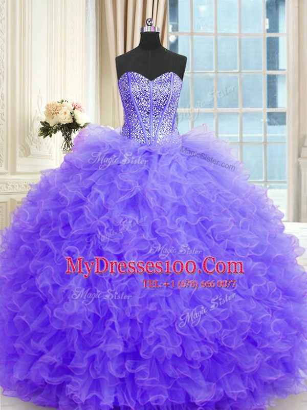Lavender Sleeveless Floor Length Beading and Ruffles Lace Up Quince Ball Gowns