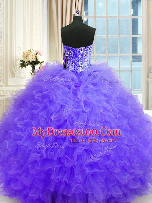Lavender Sleeveless Floor Length Beading and Ruffles Lace Up Quince Ball Gowns