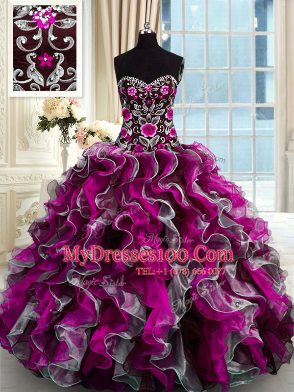 Smart Multi-color Ball Gowns Beading and Appliques Sweet 16 Dresses Lace Up Organza Sleeveless Floor Length