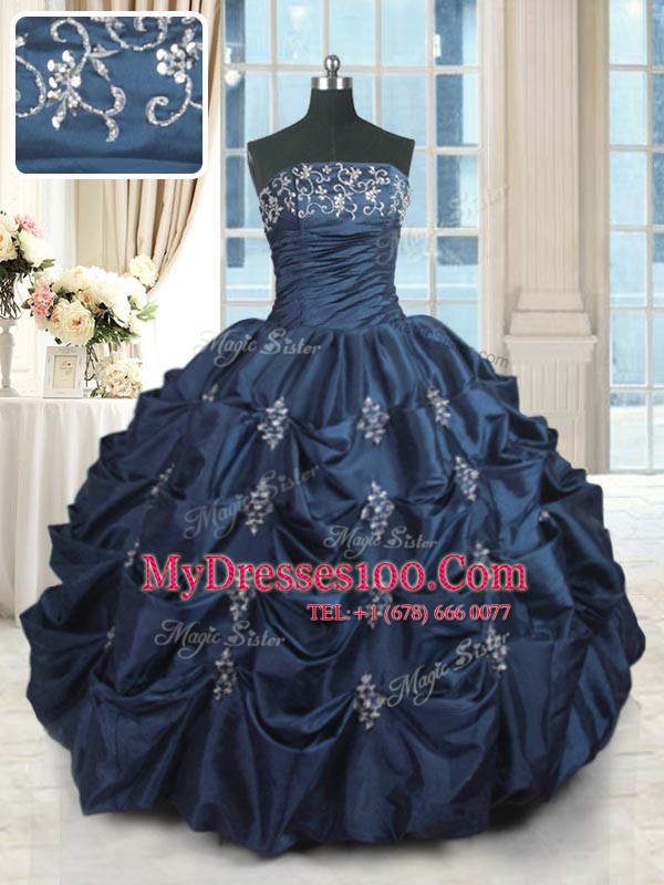 Unique Floor Length Navy Blue Sweet 16 Quinceanera Dress Taffeta Sleeveless Beading and Pick Ups