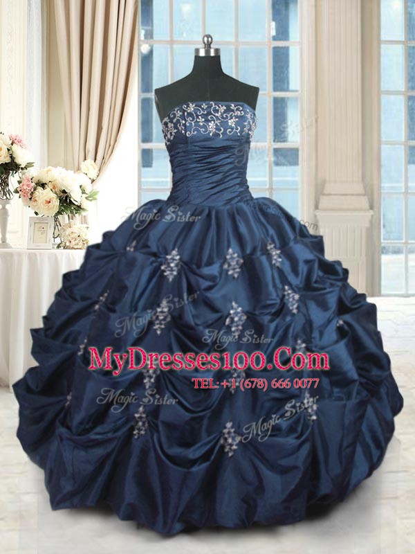 Unique Floor Length Navy Blue Sweet 16 Quinceanera Dress Taffeta Sleeveless Beading and Pick Ups