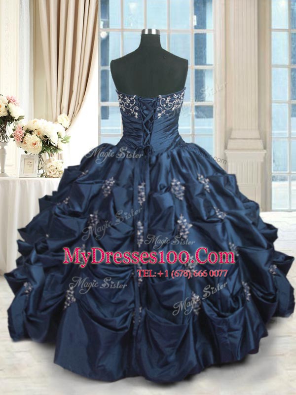Unique Floor Length Navy Blue Sweet 16 Quinceanera Dress Taffeta Sleeveless Beading and Pick Ups