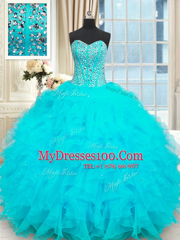Low Price Baby Blue Lace Up 15th Birthday Dress Beading and Ruffles Sleeveless Floor Length