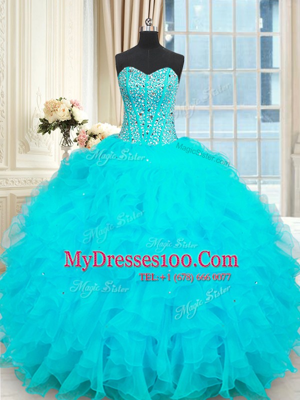 Low Price Baby Blue Lace Up 15th Birthday Dress Beading and Ruffles Sleeveless Floor Length