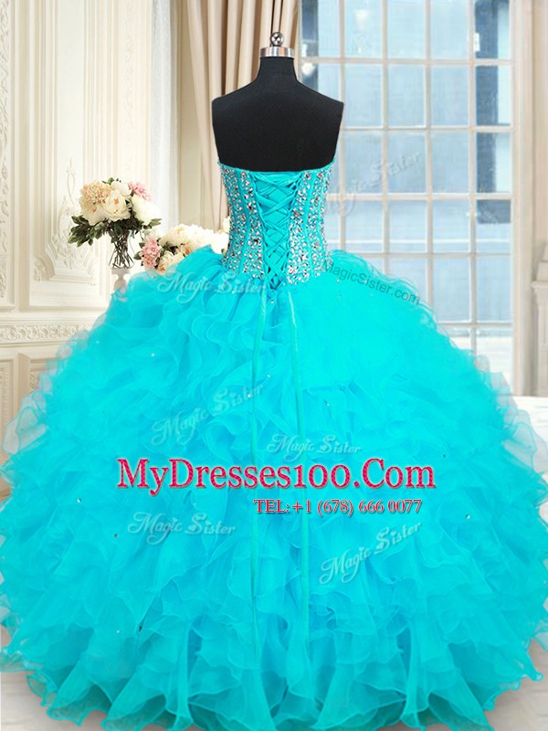 Low Price Baby Blue Lace Up 15th Birthday Dress Beading and Ruffles Sleeveless Floor Length