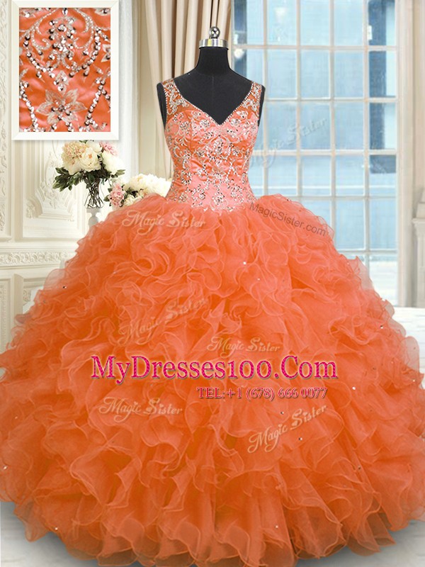 Cheap Floor Length Zipper Quinceanera Gowns Orange Red for Military Ball and Sweet 16 and Quinceanera with Beading and Ruffles