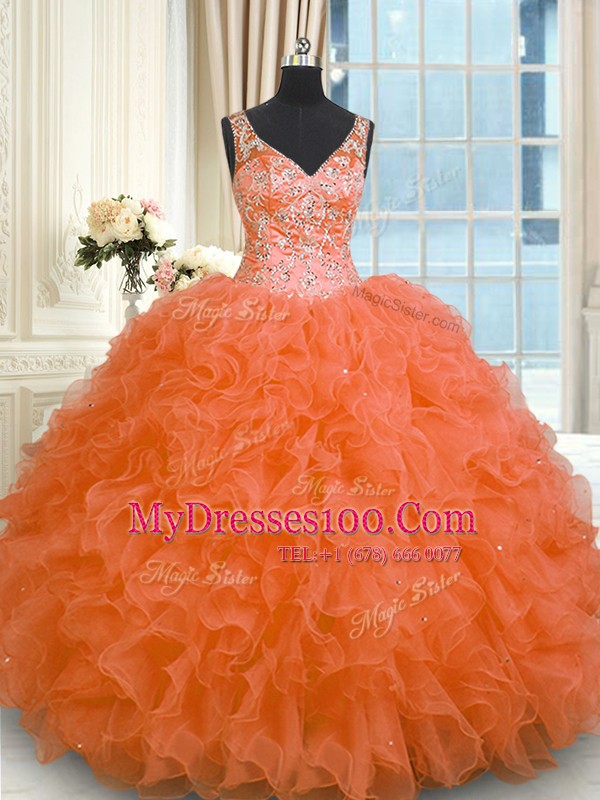 Cheap Floor Length Zipper Quinceanera Gowns Orange Red for Military Ball and Sweet 16 and Quinceanera with Beading and Ruffles