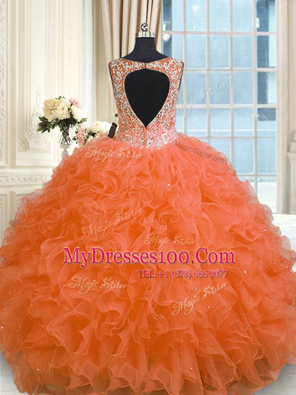 Cheap Floor Length Zipper Quinceanera Gowns Orange Red for Military Ball and Sweet 16 and Quinceanera with Beading and Ruffles