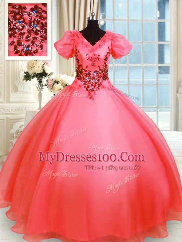 Graceful Coral Red Organza Lace Up Sweet 16 Quinceanera Dress Short Sleeves Floor Length Appliques