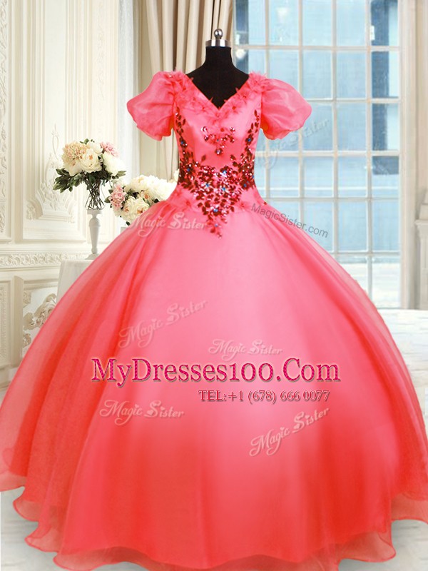 Graceful Coral Red Organza Lace Up Sweet 16 Quinceanera Dress Short Sleeves Floor Length Appliques