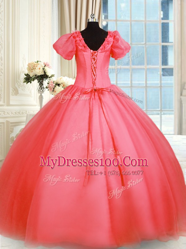 Graceful Coral Red Organza Lace Up Sweet 16 Quinceanera Dress Short Sleeves Floor Length Appliques