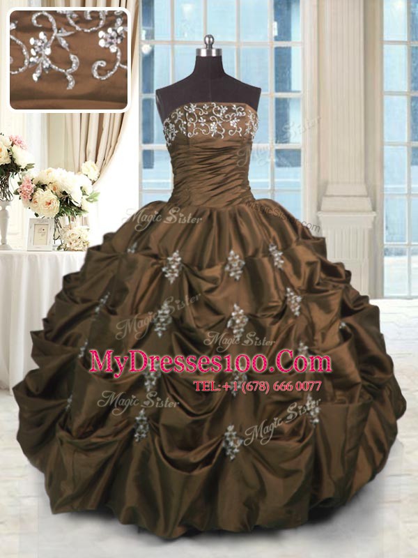 Stylish Chocolate Taffeta Lace Up Strapless Sleeveless Floor Length Sweet 16 Dress Beading and Appliques and Embroidery and Pick Ups