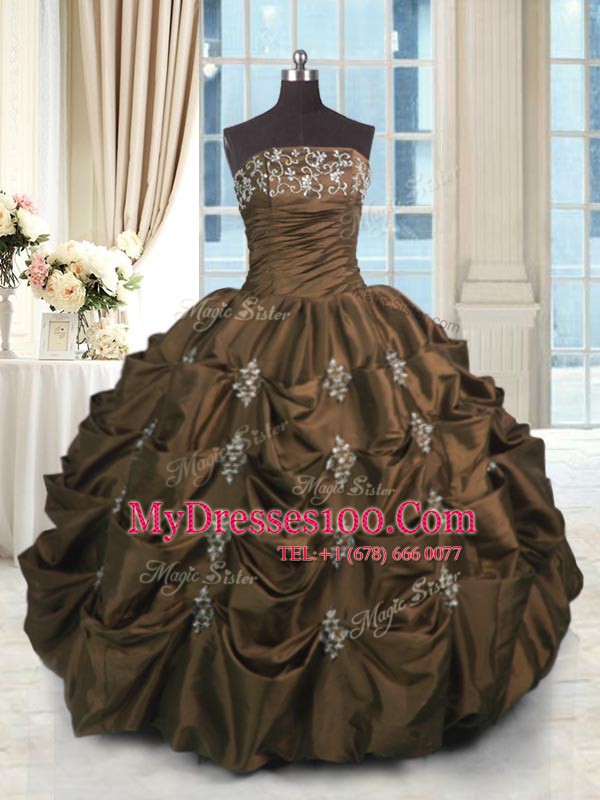 Stylish Chocolate Taffeta Lace Up Strapless Sleeveless Floor Length Sweet 16 Dress Beading and Appliques and Embroidery and Pick Ups