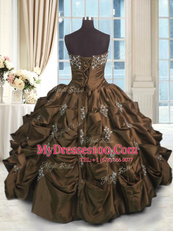 Stylish Chocolate Taffeta Lace Up Strapless Sleeveless Floor Length Sweet 16 Dress Beading and Appliques and Embroidery and Pick Ups
