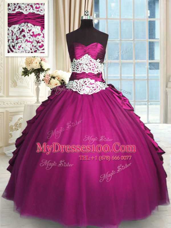 Perfect Fuchsia Sleeveless Beading and Lace and Ruching and Pick Ups Floor Length Quinceanera Gown