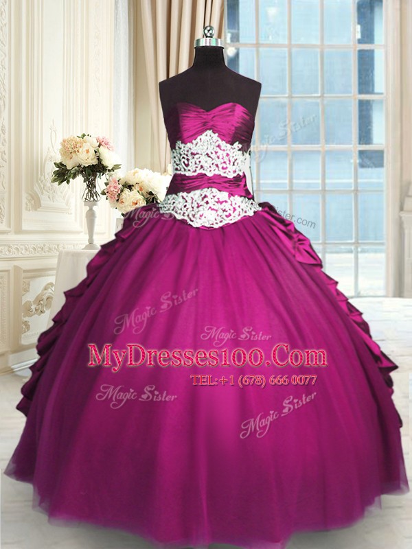 Perfect Fuchsia Sleeveless Beading and Lace and Ruching and Pick Ups Floor Length Quinceanera Gown