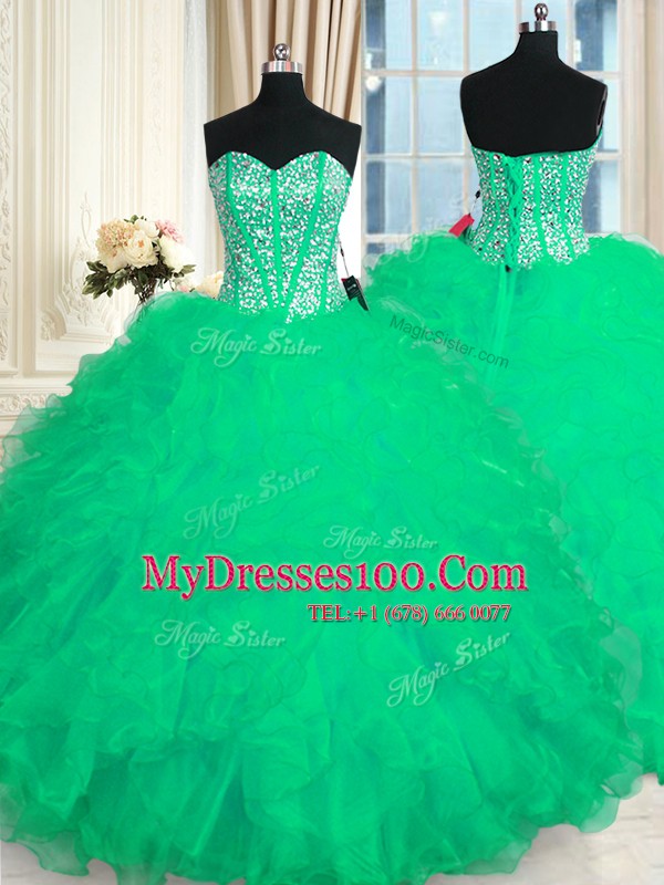 Artistic Sleeveless Floor Length Beading and Ruffles Lace Up Ball Gown Prom Dress with Turquoise