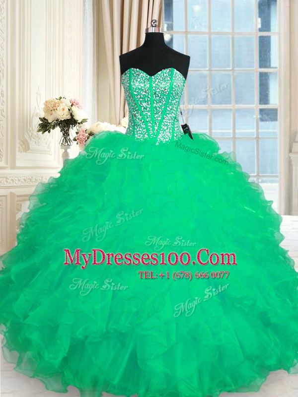 Artistic Sleeveless Floor Length Beading and Ruffles Lace Up Ball Gown Prom Dress with Turquoise