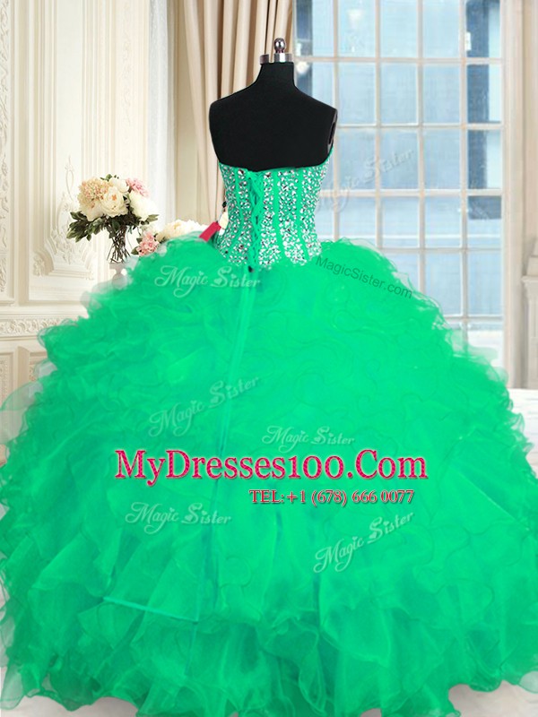Artistic Sleeveless Floor Length Beading and Ruffles Lace Up Ball Gown Prom Dress with Turquoise