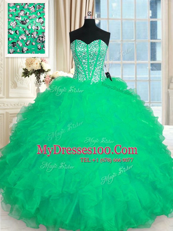 Artistic Sleeveless Floor Length Beading and Ruffles Lace Up Ball Gown Prom Dress with Turquoise
