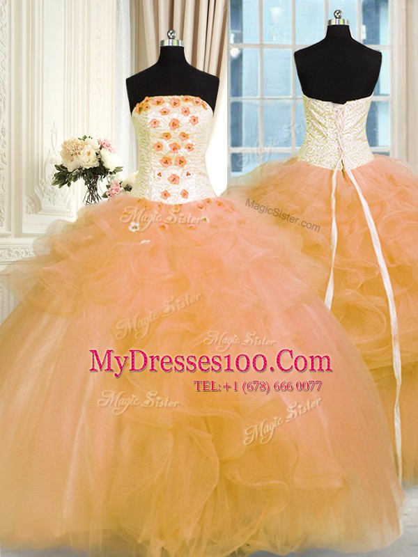Gold Ball Gowns Tulle Strapless Sleeveless Hand Made Flower Floor Length Lace Up Vestidos de Quinceanera