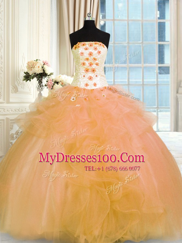 Gold Ball Gowns Tulle Strapless Sleeveless Hand Made Flower Floor Length Lace Up Vestidos de Quinceanera