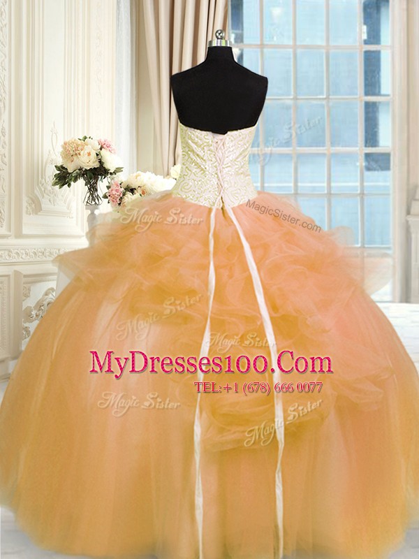 Gold Ball Gowns Tulle Strapless Sleeveless Hand Made Flower Floor Length Lace Up Vestidos de Quinceanera