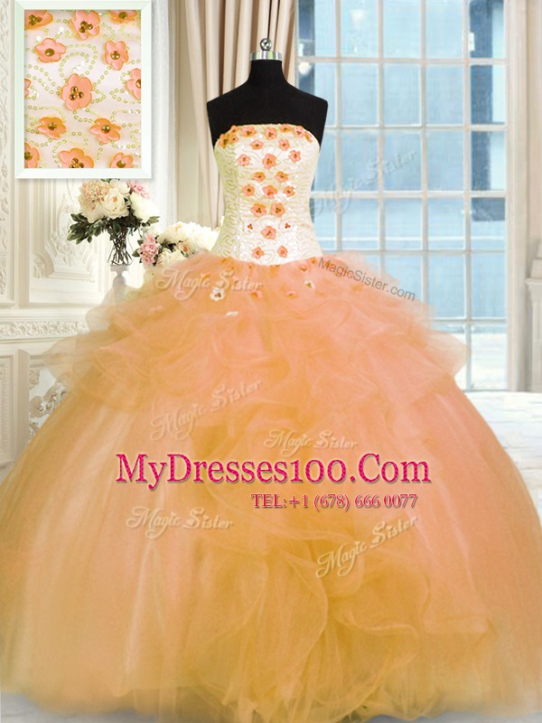 Gold Ball Gowns Tulle Strapless Sleeveless Hand Made Flower Floor Length Lace Up Vestidos de Quinceanera