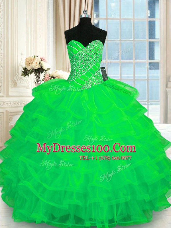 Ruffled Ball Gowns Sweet 16 Quinceanera Dress Green Sweetheart Organza Sleeveless Floor Length Lace Up