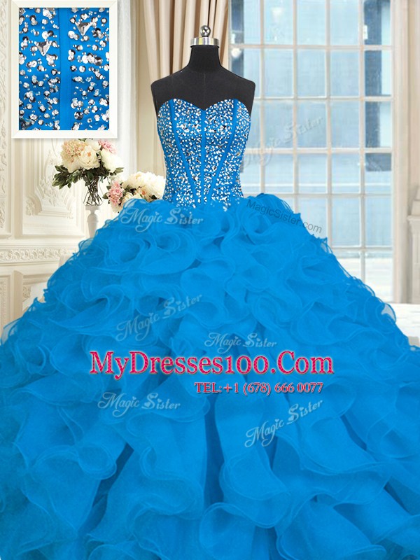 Blue Sleeveless Brush Train Beading and Ruffles With Train Quince Ball Gowns