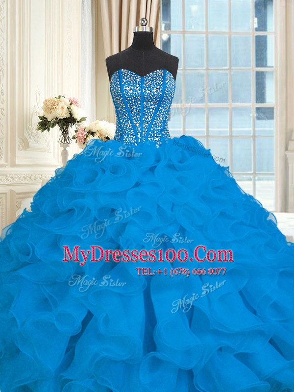 Blue Sleeveless Brush Train Beading and Ruffles With Train Quince Ball Gowns