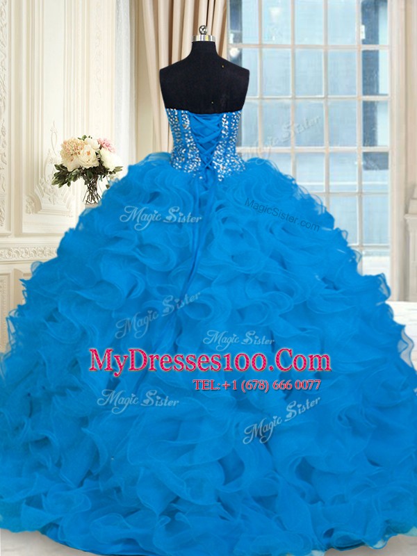Blue Sleeveless Brush Train Beading and Ruffles With Train Quince Ball Gowns