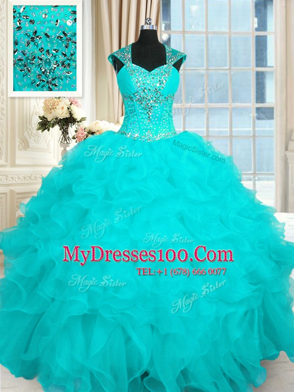 Best Selling Aqua Blue 15th Birthday Dress Military Ball and Sweet 16 and Quinceanera and For with Beading and Ruffles Straps Cap Sleeves Lace Up